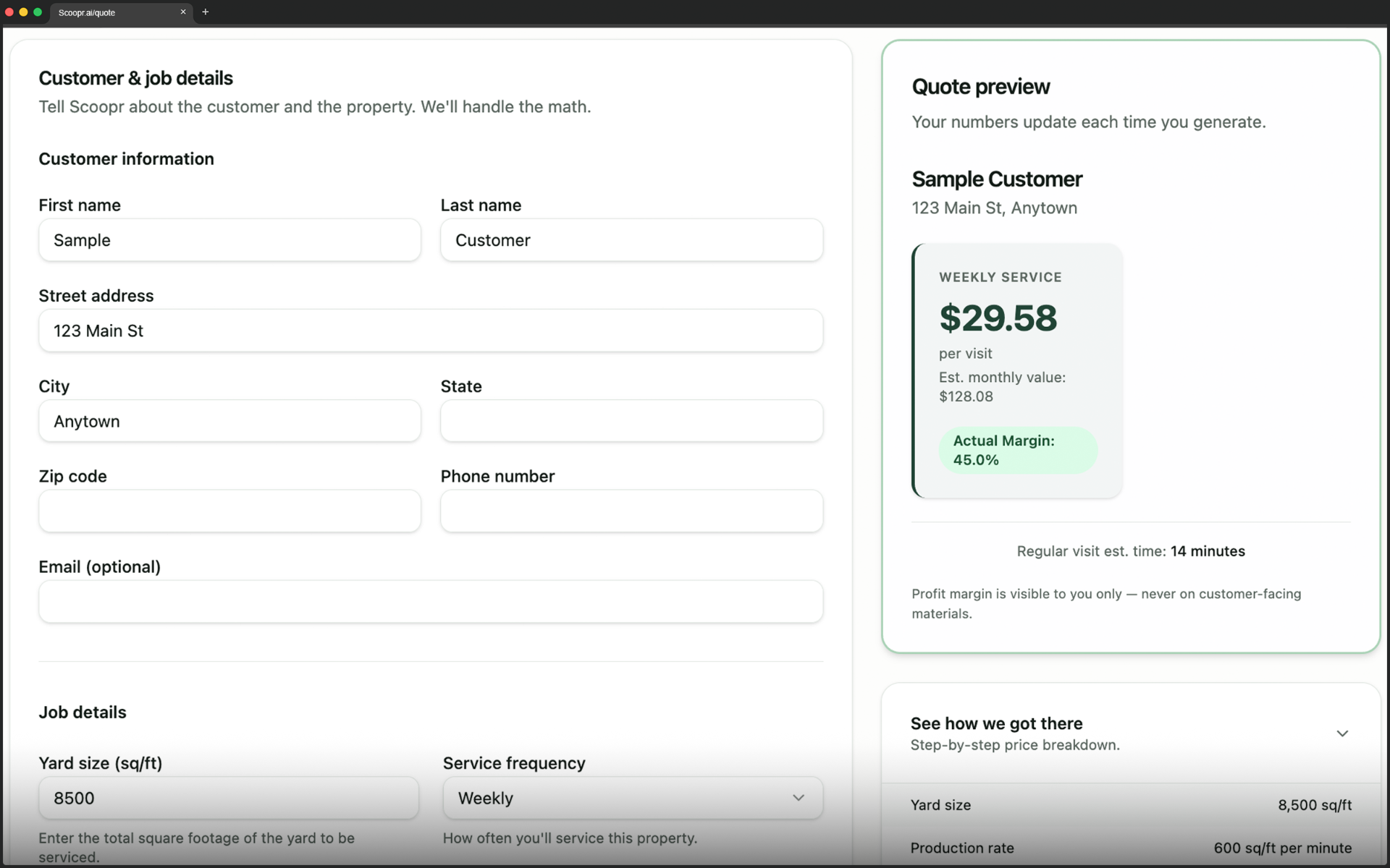 Scoopr quoting tool preview showing customer details and a generated weekly service quote